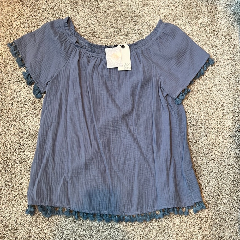 Cotton bleu blue gray top with tassels, size medium